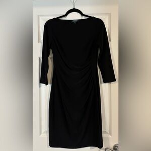 Ralph Lauren Black Ruched Faux Wrap 3/4 Sleeve Dress